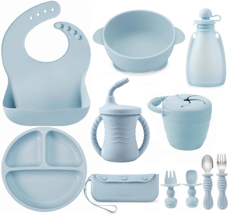 PandaEar Silicone Baby Feeding Set | 11PCS Baby Led Weaning Supplies Self Feeding Utensils | Divided Suction Plate Bowl Bibs Sippy Cup with Baby Food Pouch Snack Container Spoons Forks, Blue - Image 1